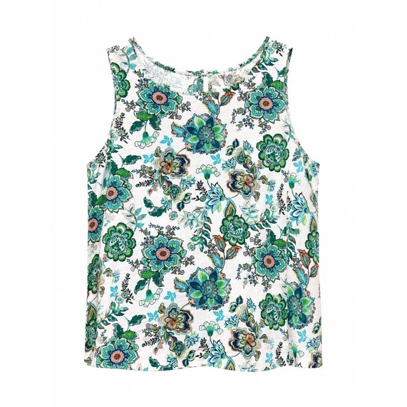 Source Unknown Tops - Womens Floral Linen Rayon Sleeveless Blouse Top Green Blue White Tie Back size X